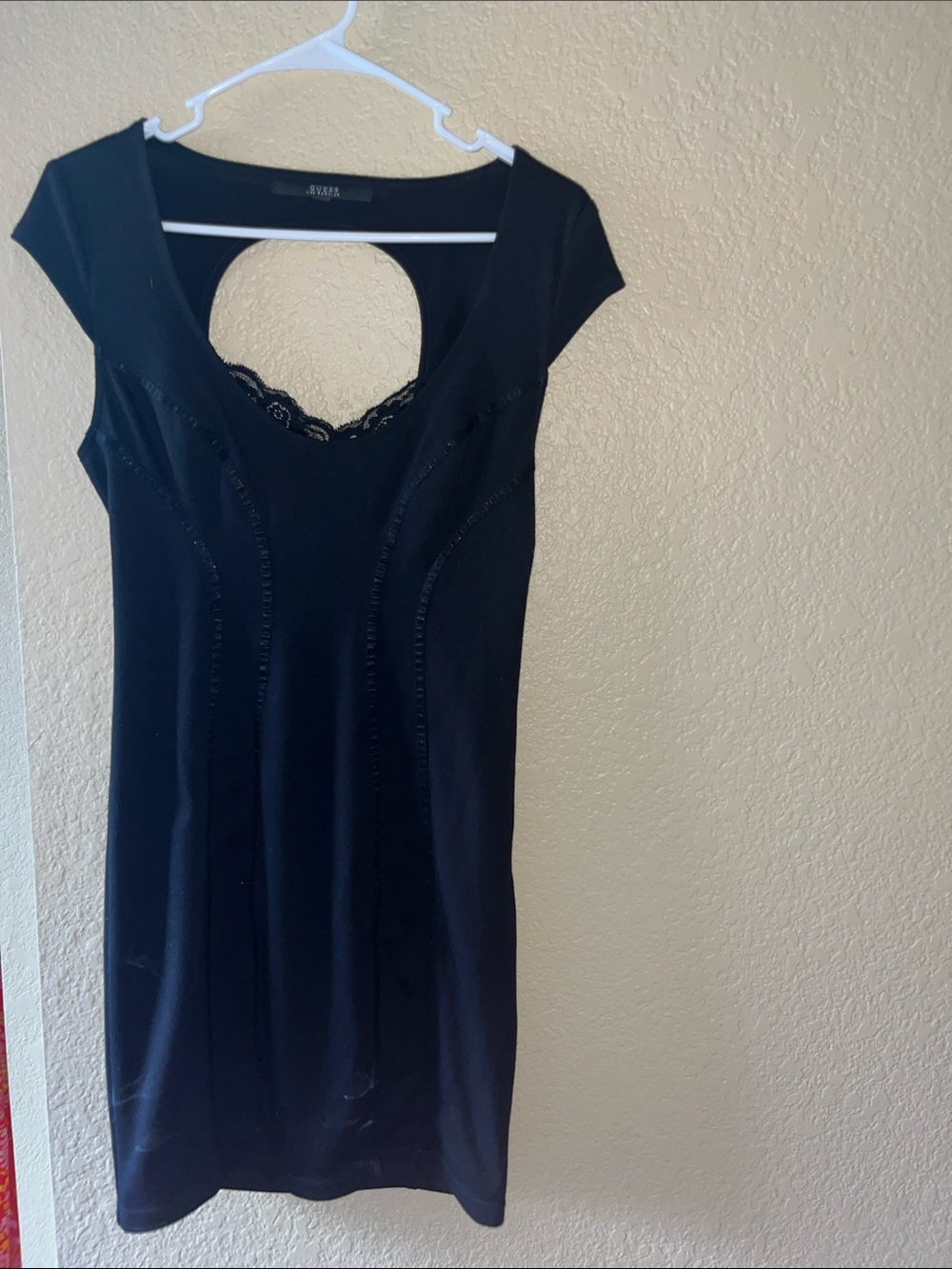 Guess Black Mini Dress with Lace Scoop and Cap Sleeves